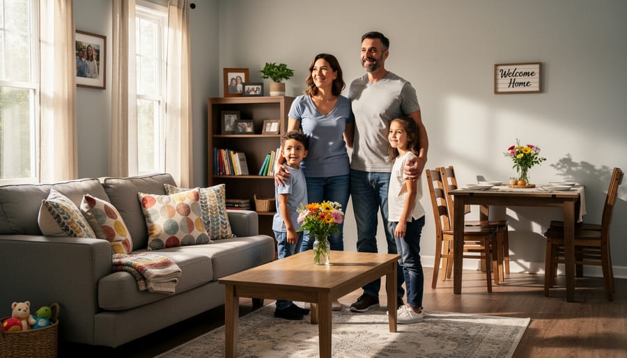 Furnished living room with donated furniture and household items in modest apartment