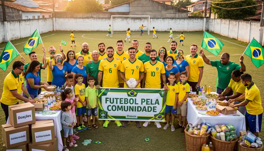 Group of Brazilian soccer fans celebrating together in community center
