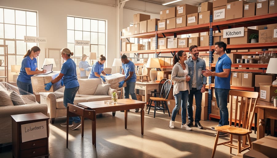 Diverse group of volunteers carrying furniture and household items in donation center